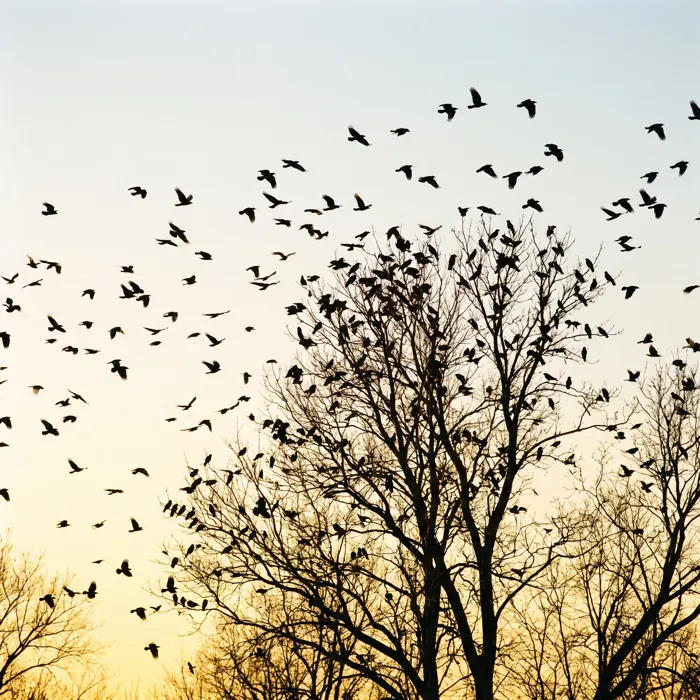 Crows gathering at a winter roost at dusk